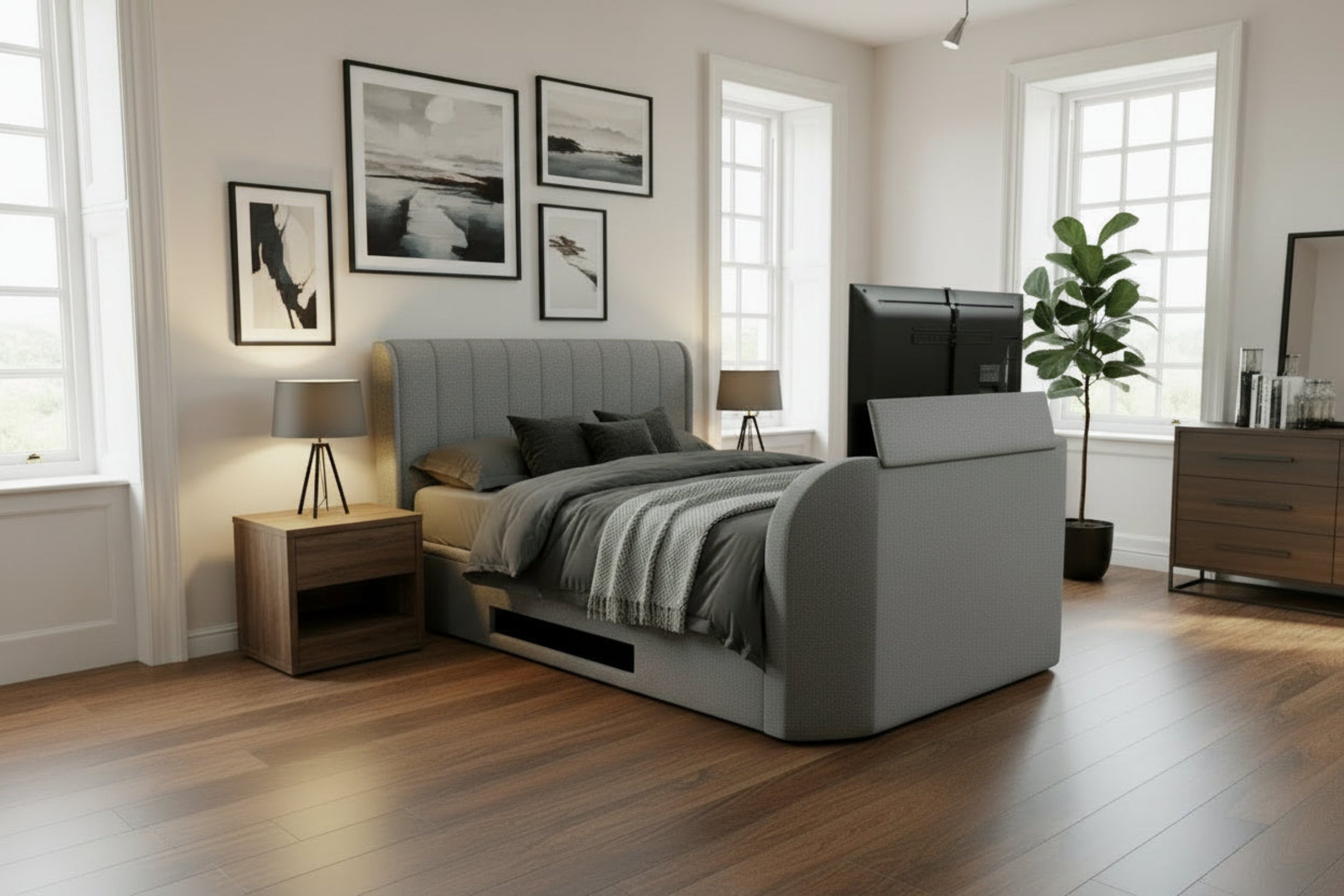luxury grey tv bed with built in soundbar and tv lift ottoman storage and 2.1 media sound