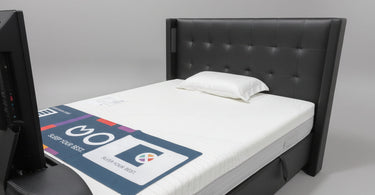 Black Leather TV Bed Ottoman Storage Media TV Bed with soundbar built in surround sound and tv lift