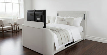 Luxury TV Beds with built in soundbar surround sound tv lift ottoman storage cream grey black natural stone