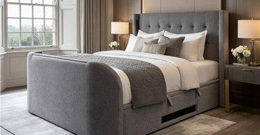 Best TV Beds UK Ottoman storage built in tv lift speakers soundbar media 5.1 true sound 4.1 surround 2.1 media tv bed grey black cream natural velvet 