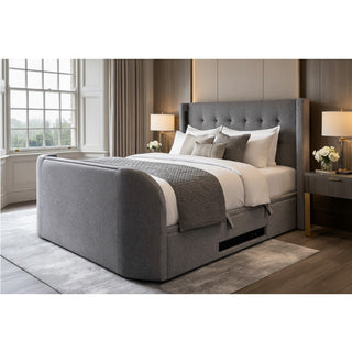 Best TV Beds UK Ottoman storage built in tv lift speakers soundbar media 5.1 true sound 4.1 surround 2.1 media tv bed grey black cream natural velvet 