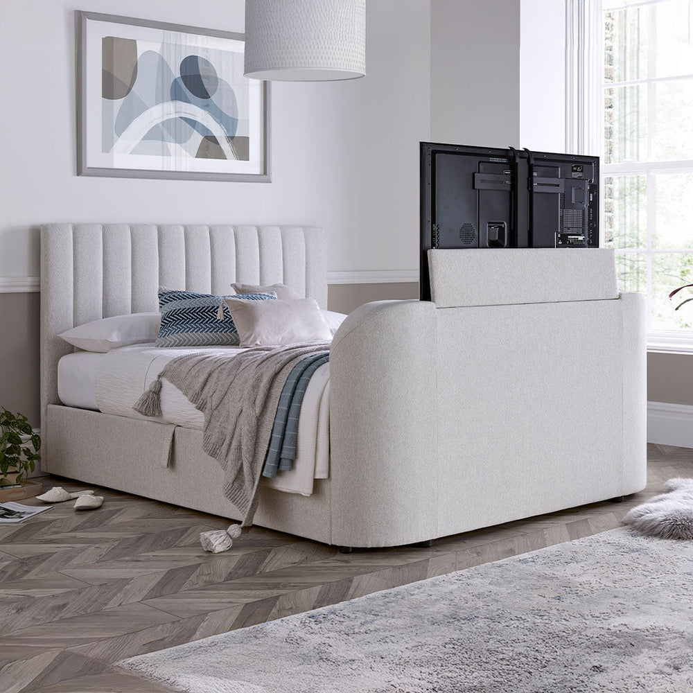 double tv bed 4ft6 ottoman storage built in tv lift soundbar speakers natural cream grey velvet