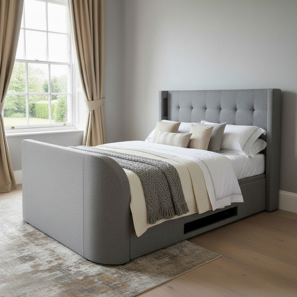 upholstered tv beds ottoman storage built in tv lift soundbar speakers surround sound