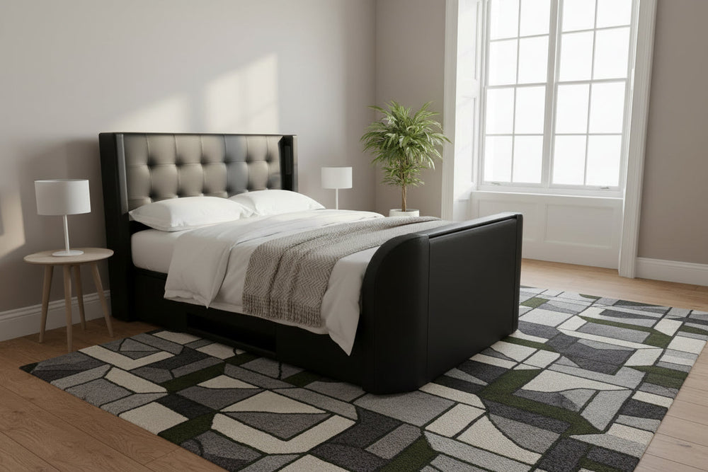 Media TV Bed with surround sound ottoman storage built in soundbar and speakers in grey fabric grey velvet black leather natural fabric tv beds