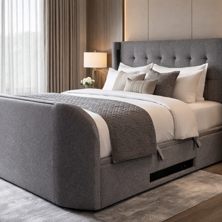Media TV Bed with surround sound ottoman storage built in soundbar and speakers in grey fabric grey velvet black leather natural fabric tv beds