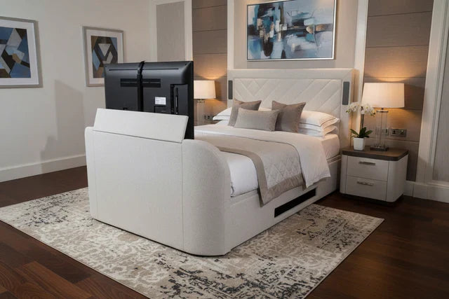 super king tv bed 6ft tv bed ottoman storage speakers built in soundbar tv lif speakers usb bluetooth grey black leather cream natural media tv bed
