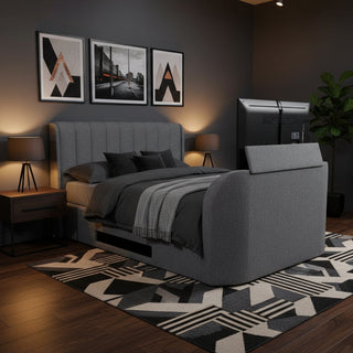 luxury tv beds ottoman storage built in tv lift built in soundbar surround sound grey tv bed natural cream tv bed leather tv bed