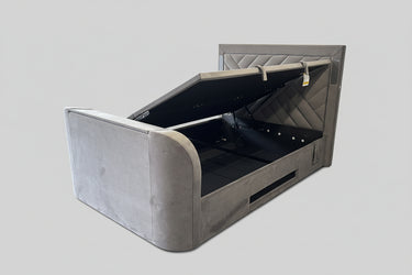 Ottoman TV Bed 5.1 Media TV bed with true sound surround sound built in soundbar speakers tv lift luxury grey velvet upholstery