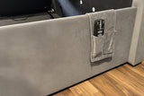 Luxury Grey Velvet TV bed with true sound 5.1 media tv bed built in surround sound speakers soundbar tv lift 43" tv capacity ottoman storage