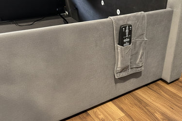 Luxury Grey Velvet TV bed with true sound 5.1 media tv bed built in surround sound speakers soundbar tv lift 43" tv capacity ottoman storage
