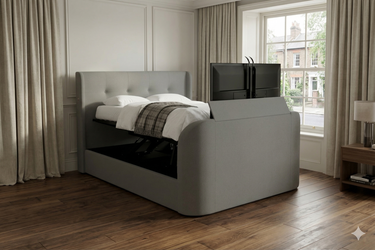 Luxury Grey TV bed with surround sound built in tv lift and soundbar with subwoofer ottoman storage and media tray.