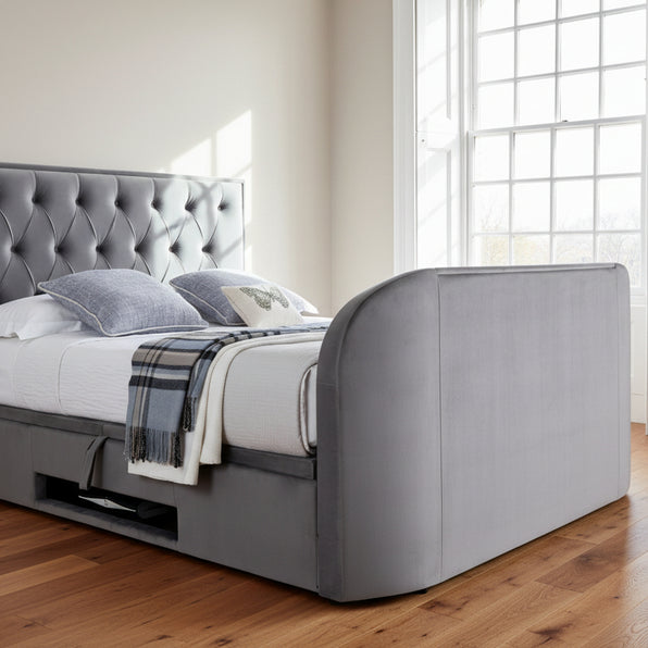 Oxford Ottoman 2.1 Media TV Bed with Built in Speakers in Grey Velvet - Double 4ft6