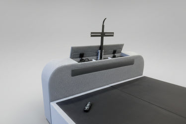 luxury grey true sound ottoman tv bed 5.1 media tv bed built in surround sound speakers soundbar tv lift ottoman storage