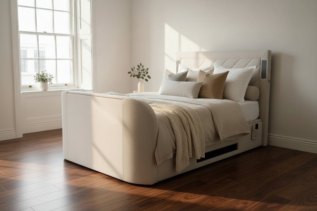 Luxury Surround sound 5.1 Media tv bed with built in soundbar speakers tv lift and ottoman storage upholstered in natural fabric luxury modern living