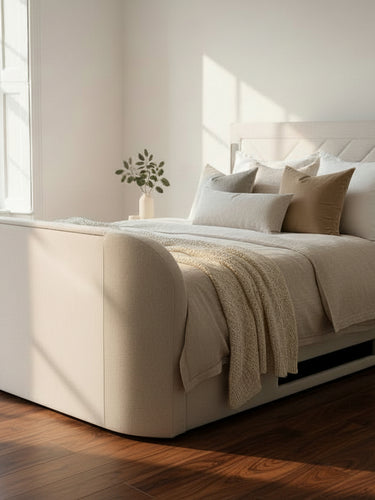 Luxury Surround sound 5.1 Media tv bed with built in soundbar speakers tv lift and ottoman storage upholstered in natural fabric luxury modern living