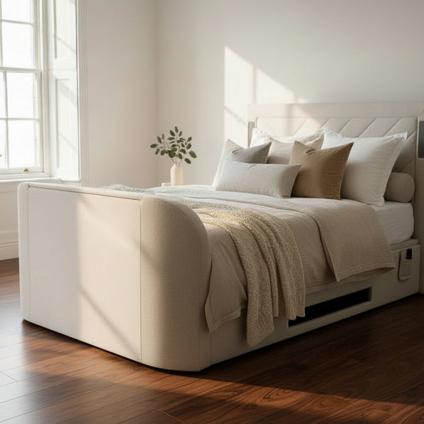 Luxury Surround sound 5.1 Media tv bed with built in soundbar speakers tv lift and ottoman storage upholstered in natural fabric luxury modern living
