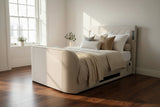 Luxury Surround sound 5.1 Media tv bed with built in soundbar speakers tv lift and ottoman storage upholstered in natural fabric luxury modern living