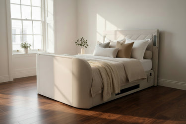 Luxury Surround sound 5.1 Media tv bed with built in soundbar speakers tv lift and ottoman storage upholstered in natural fabric luxury modern living