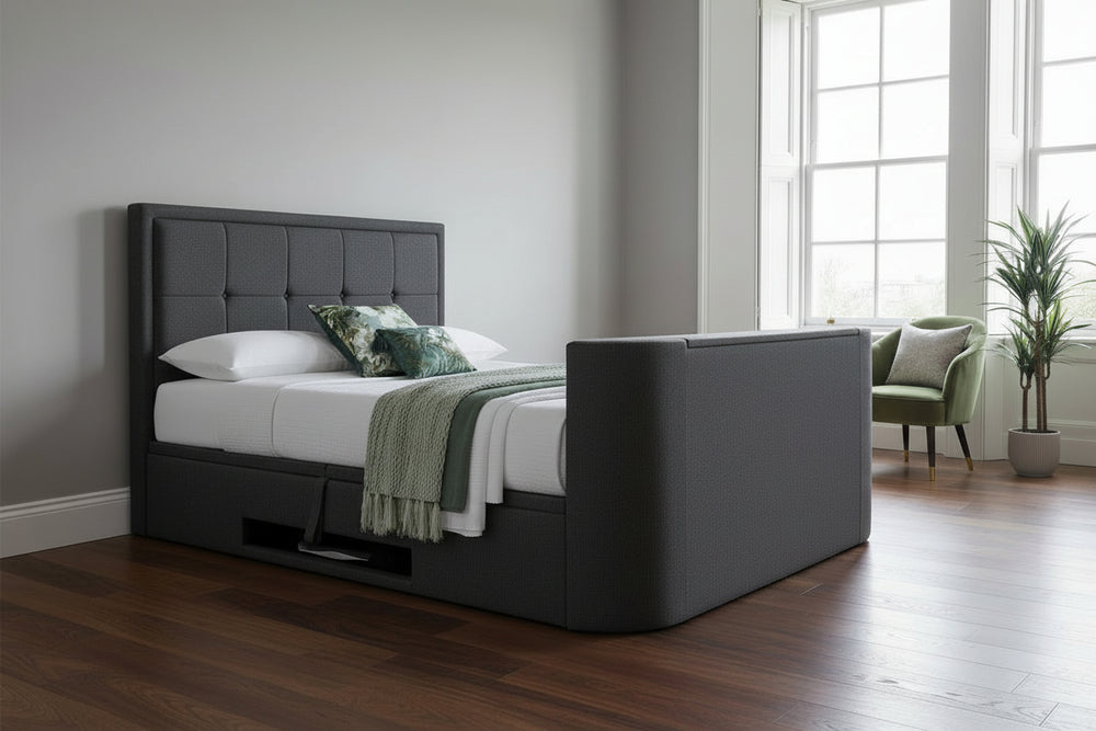 Modern stylish Upholstered Grey Fabric TV Bed with built in speakers 2.1 media tv bed ottoman storage luxury tv beds