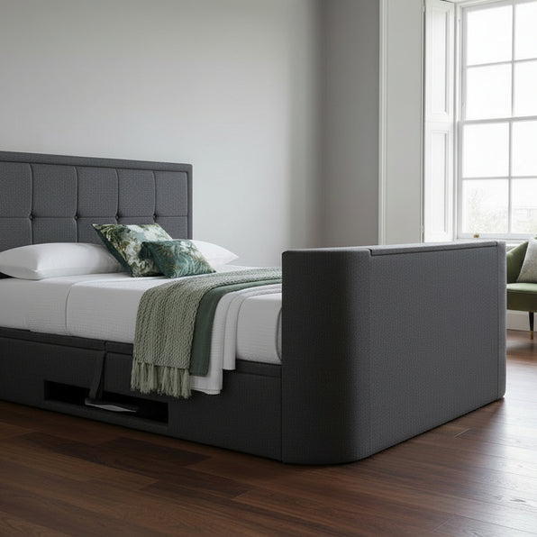 Modern stylish Upholstered Grey Fabric TV Bed with built in speakers 2.1 media tv bed ottoman storage luxury tv beds
