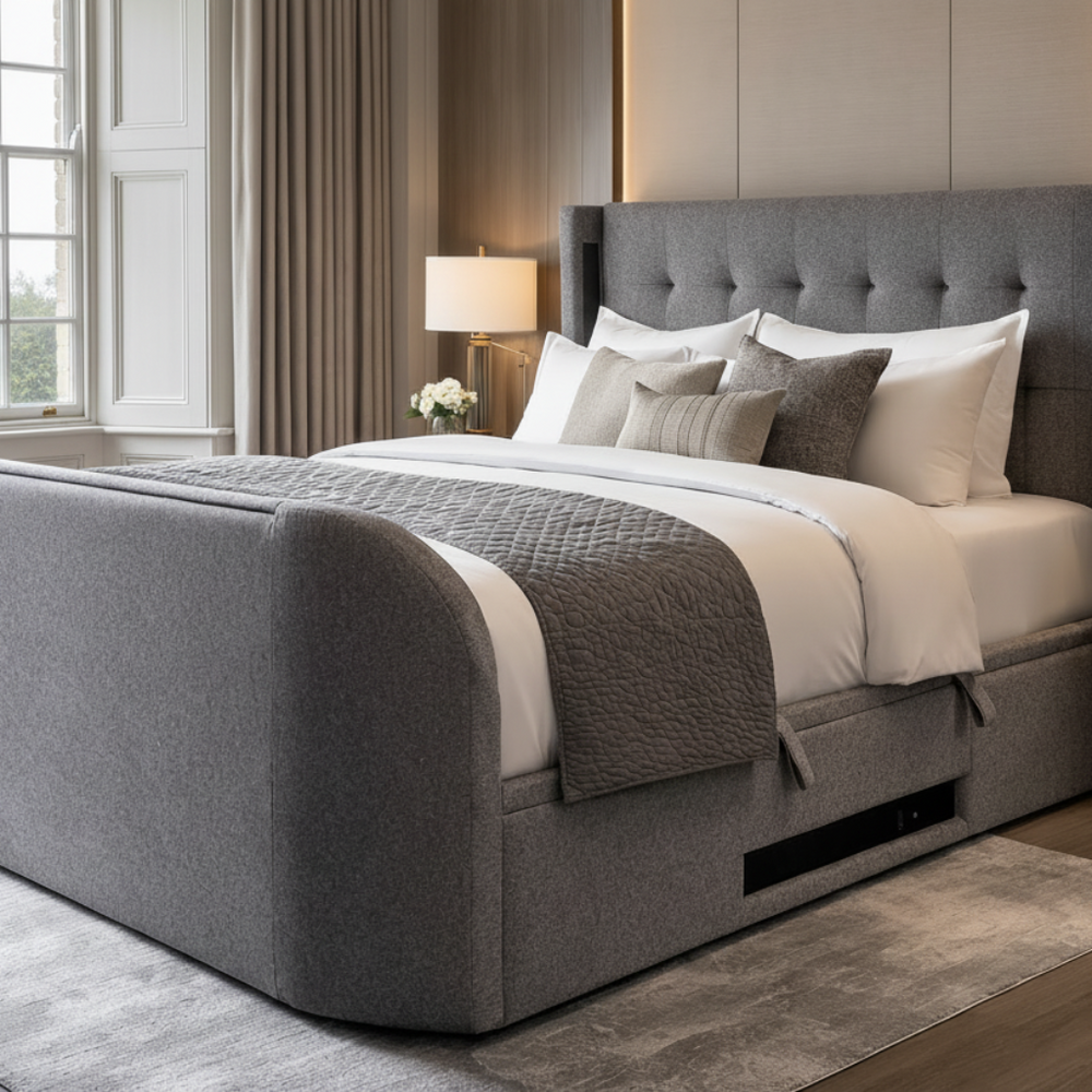 Luxury upholstered grey surround sound tv bed with ottoman storage built in soundbar speakers tv lift 5.1 media tv bed