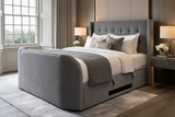 Luxury upholstered grey surround sound tv bed with ottoman storage built in soundbar speakers tv lift 5.1 media tv bed