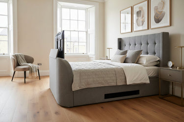 Luxury upholstered grey surround sound tv bed with ottoman storage built in soundbar speakers tv lift 