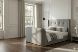 Luxury Grey TV Bed with built in soundbar with 4.1 media surround sound and built in tv lift ottoman storage and media tray.