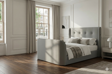 Luxury Grey TV Bed with built in soundbar with 4.1 media surround sound and built in tv lift ottoman storage and media tray.