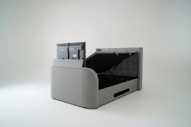 Luxury Grey TV Bed with surround sound and built in soundbar ottoman storage built in tv lift 43" tv capacity