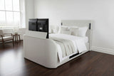 Luxury Surround sound 5.1 Media tv bed with built in soundbar speakers tv lift and ottoman storage upholstered in natural fabric luxury modern living