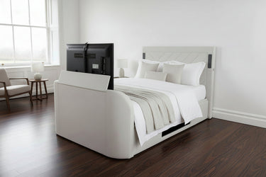 Luxury Surround sound 5.1 Media tv bed with built in soundbar speakers tv lift and ottoman storage upholstered in natural fabric luxury modern living