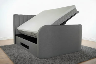 Luxury grey tv bed with headboard with wings ottoman storage built in soundbar and 2.1 media tv bed
