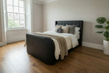 Luxury Black Leather Surround Sound TV bed with built in soundbar speakers tv lift and ottoman storage
