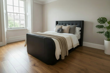 Luxury Black Leather Surround Sound TV bed with built in soundbar speakers tv lift and ottoman storage