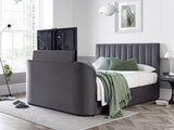 grey velvet upholstered tv bed with ottoman storage and tv lift