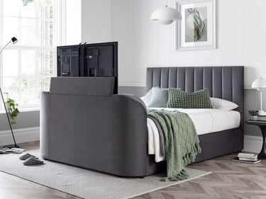 grey velvet upholstered tv bed with ottoman storage and tv lift