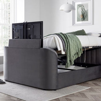 Media TV Bed upholstered in grey velvet tv bed ottoman storage