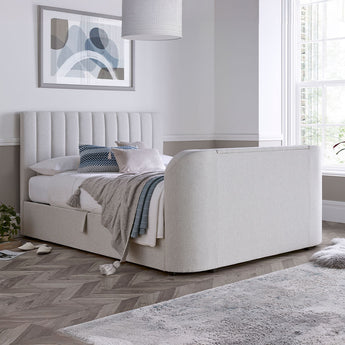 Natural Fabric Media TV Bed with ottoman storage and built in TV lift