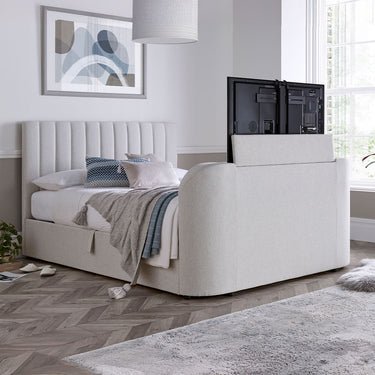 natural cream upholstered tv bed with ottoman storage and tv lift