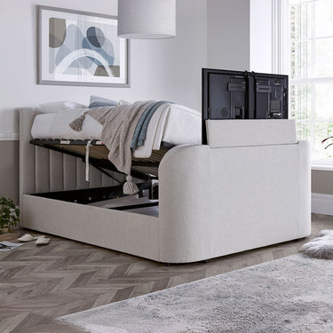Media TV Bed upholstered in natural fabric cream tv bed ottoman storage