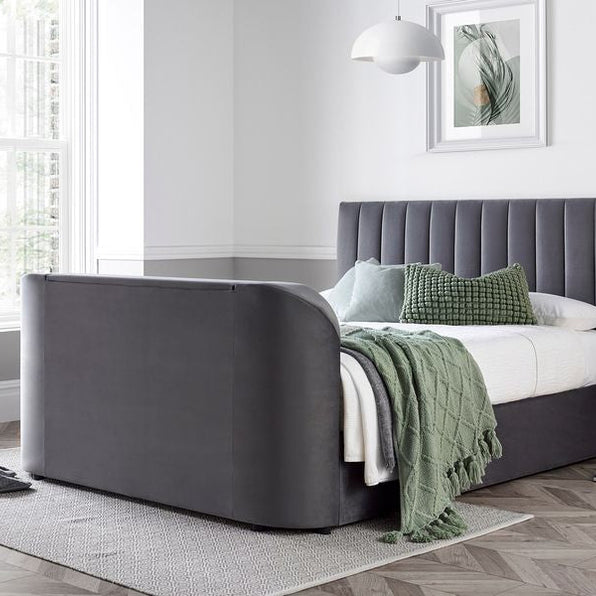 Grey Velvet Media TV Bed ottoman storage with built in tv lift