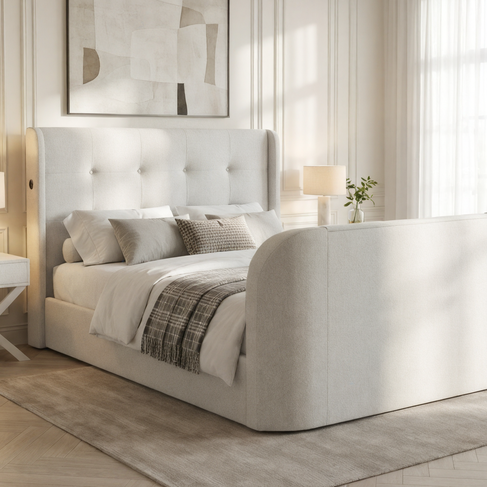 4.1 Surround sound tv bed in natural fabric with ottoman storage usb charging and built in tv lift with soundbar and subwoofer