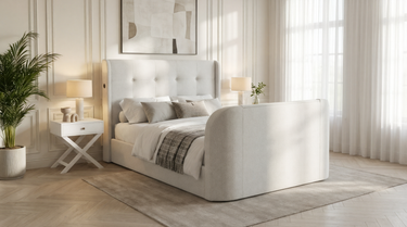 4.1 Surround sound tv bed in natural fabric with ottoman storage usb charging and built in tv lift with soundbar and subwoofer