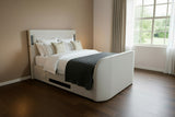 Luxury Surround sound 5.1 Media tv bed with built in soundbar speakers tv lift and ottoman storage upholstered in natural fabric luxury modern living