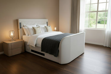 Luxury Surround sound 5.1 Media tv bed with built in soundbar speakers tv lift and ottoman storage upholstered in natural fabric luxury modern living