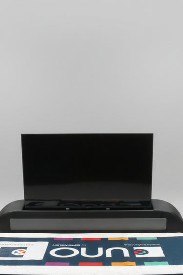 Luxury Black Leather Surround Sound TV bed with built in soundbar speakers tv lift and ottoman storage