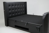 Luxury Black Leather Surround Sound TV bed with built in soundbar speakers tv lift and ottoman storage