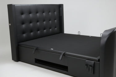 Luxury Black Leather Surround Sound TV bed with built in soundbar speakers tv lift and ottoman storage