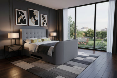 Luxury 5.1 Media TV bed with surround sound built in soundbar speaker s tv lift ottoman storage